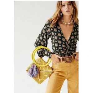 Free People Sydney's Party Washed Black Print Long Sleeve Blouse 90s Y2K Boho L